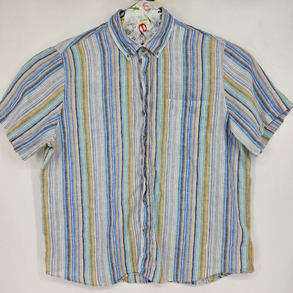 32 Bar Blues Shirt Mens XXL Blue Striped Short Sleeve Button Down Linen
